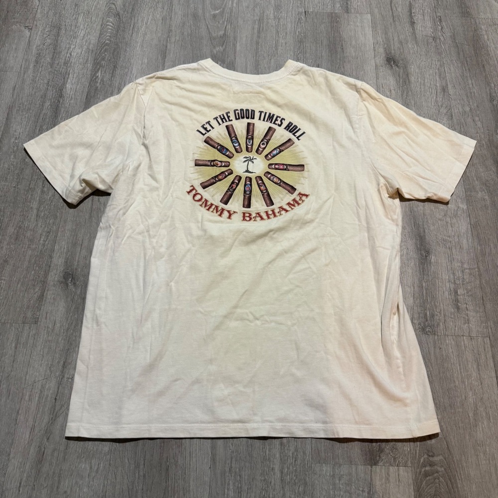 Tommy Bahama Relax Mens Large Cream Cigar Graphic Tee Let The Good Times Roll
